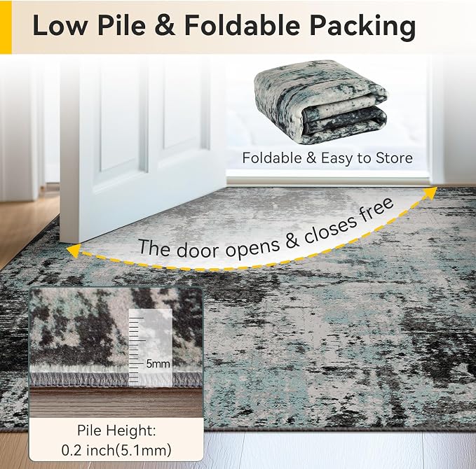 RELEANY Washable Runner 2'x6' Abstract Area Rug for Hallway Teal Black | Carpet for Kitchen, Entryway, Bathroom, Living Room, Bedroom, Printed Pattern, Non‑Slip, Soft, Stain‑Resistant, Easy to Clean