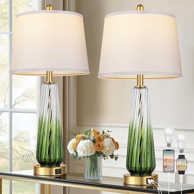 Modern Glass Table Lamps Set of 2, 27.5" Bedside Lamp for Bedroom, Green | 2 LED 3-Way Dimmable Bulb Included, Touch Control, USB A+C Charging Ports, Living Room Nightstand Lamp, Gradient Glass, 2700K
