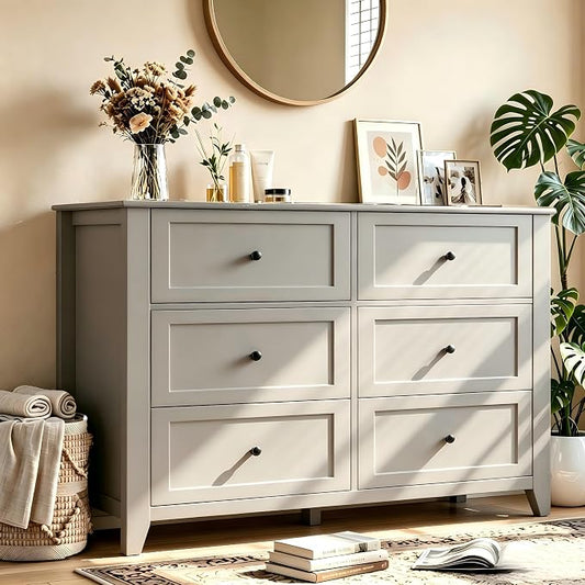 Garvee Grey 6-Drawer Dresser for Bedroom, 54" Long Chest of Drawers | Modern Lacquered Storage Drawers Organizer, 15.8"D x 54"W x 31.5"H, Storage Dresser with Deep Drawers for Hallway Entryway