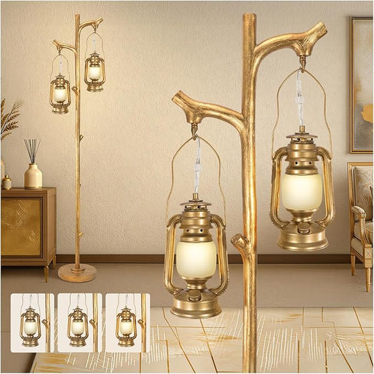 Scenekoy 68” Tall Gold Floor Lamp with Lanterns, Dimmable Brightness | Tree Trunk Finish & Resin Standing Lamp, Stand Up Light with Bulb, Decor for Modern Living Room Bedroom Home