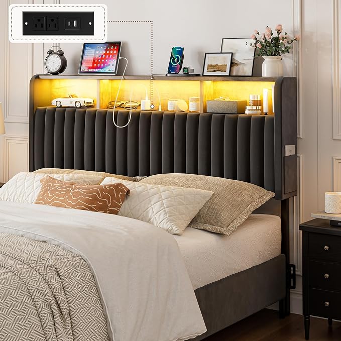 IKIFLY Velvet Full Size Storage Headboard Only, Adjustable Height, Black | Upholstered Head Board with LED Lights & Charging Station, Easy Assembly, Modern Freestanding Headboard, Attach Frame