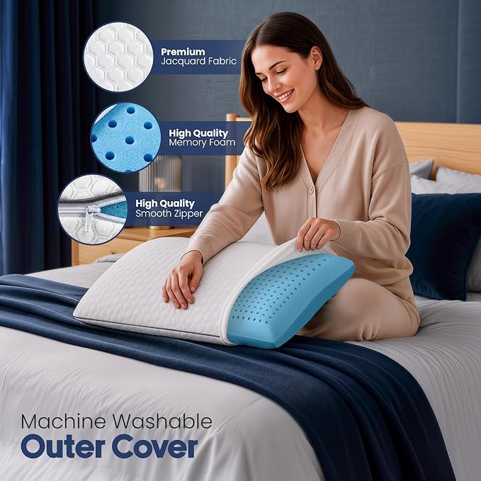 Utopia Bedding Memory Foam Pillows for Sleeping, Cooling Pillow (Queen) | Perforated Memory Foam pillow, pack of 1, Breathable Airflow Design, Back, Side & Stomach Sleepers, Machine Washable cover