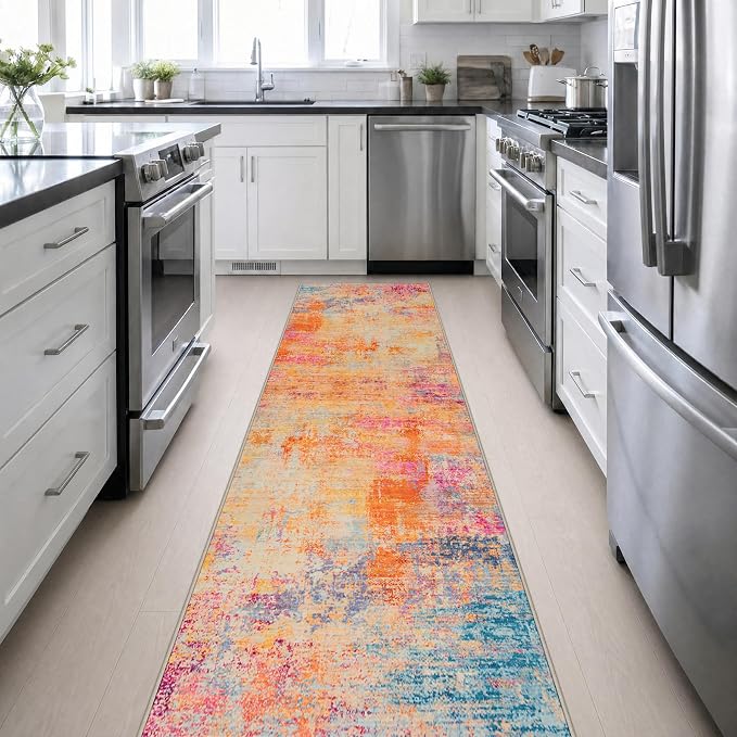 2.6x14 Washable Runner Rug:Modern Abstract Soft Carpet Galaxy Haze | For Hallway, Bedroom, Kitchen, Laundry, Bathroom,Door Mat,Modern Abstract,Machine washable,Non-Slip,Stain Resistant,Indoor