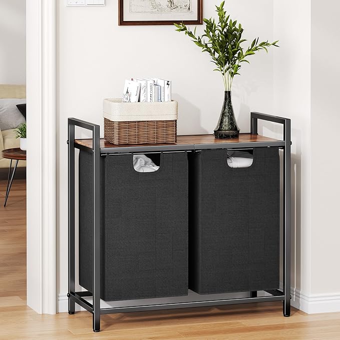 Kitstorack Laundry Basket Organizer, Laundry Hamper with Shelf & 2 Pull-Out Removable Bags, Dirty Clothes Hamper Organizer for Laundry Room Bathroom and Dorm, 2 x 11.8 gallons (44.5L)