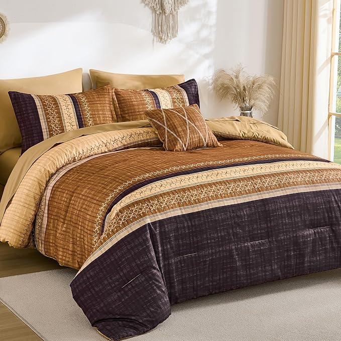 Dintszyayue Boho King Comforter Size Set, 8 Pieces Striped Texture Gold Purple Bed in a Bag Sets, Lightweight Soft Bohemian Comforter and Sheet Set, All Season Microfiber Bedding Sets for Men Women