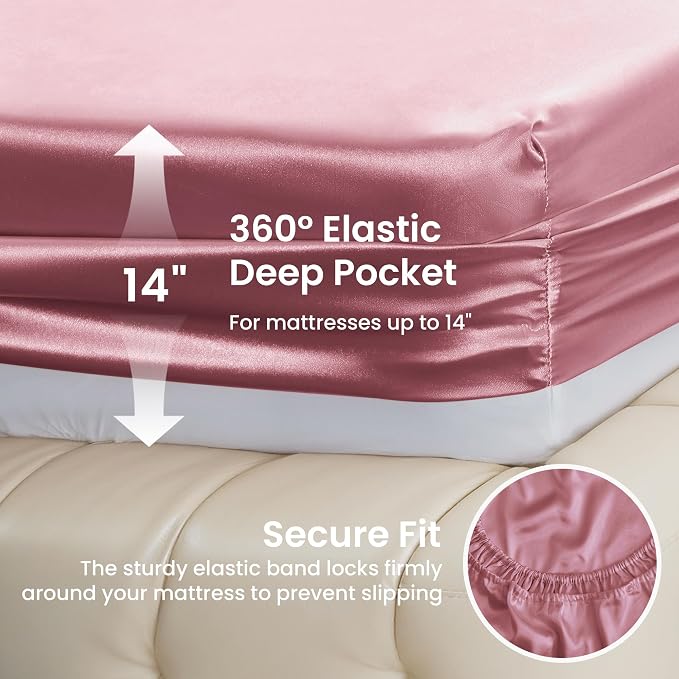 Love's cabin Full Size Satin Sheet Sets - 4 Piece Rose Taupe Silky Sheet Set Full with Deep Pocket, Luxury Silk Feel Bed Sheets Full Bedding Set (1 Flat Sheet,1 Fitted Sheet,2 Pillow Cases)