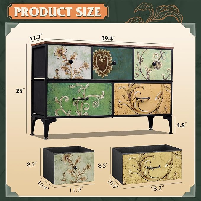 WLIVE Wide Dresser for Bedroom, 5 Drawer Chest of Drawers, Floral | 5 roomy fabric drawers, Wide storage design, Bedroom or closet use, Sturdy steel frame, Smooth wood tabletop