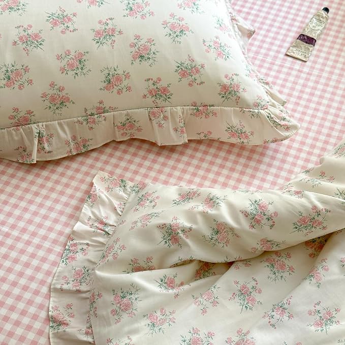 mixinni Pink Floral Duvet Cover Set Queen Size - 100% Cotton Ruffle Lace Bedding Set for Girls, Romantic Cottagecore Style Duvet Cover with Zipper Closure, Soft Aesthetic Princess Bedding-Queen