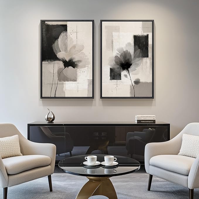Large Framed Neutral Abstract Floral Wall Art for Living Room, 24x36 In | 2 Piece, Canvas prints, Black and beige pictures, Flower paintings, Modern minimalist artwork, Dining room bedroom wall decor