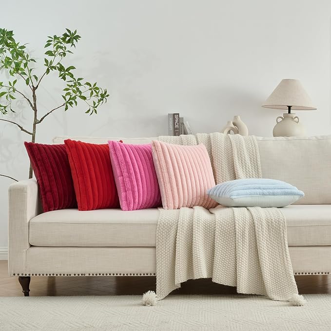 FUTEI Pack of 2 Faux Fur Throw Pillow Covers 12x20 Inch, Hot Pink | Fluffy Faux Rabbit Fur Front/Premium Velvet Back,Hidden Zipper,Machine Washable,Non-Shedding,Colorfast,Insert Not Included.