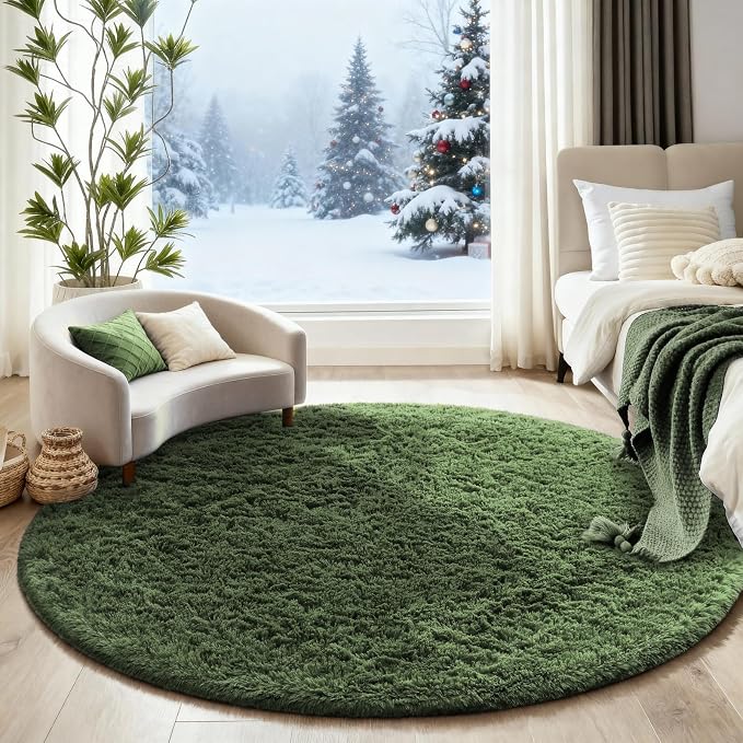 Ophanie Round Rug 5Ft Grey Green Circle Area Rug, Grayish Green Room Decor, Fluffy Fuzzy Bedroom Carpet,Plush Soft Shaggy Living Room Rugs for Kids Home Aesthetic,Nursery with Over 99 pcs Pile fibers