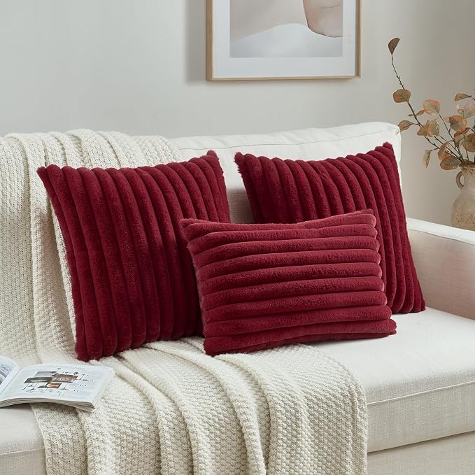 FUTEI Pack of 2 Faux Fur Throw Pillow Covers 12x20 Inch, Burgundy | Fluffy Faux Rabbit Fur Front/Premium Velvet Back,Hidden Zipper,Machine Washable,Non-Shedding,Colorfast,Insert Not Included.