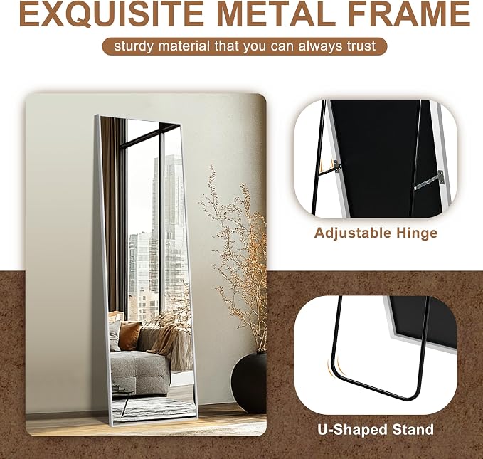 Full Length Mirror with Stand, 56x15 Silver Floor Mirror | Aluminium alloy frame with HD float glass for distortion-free reflection. Free standing or wall mounted.