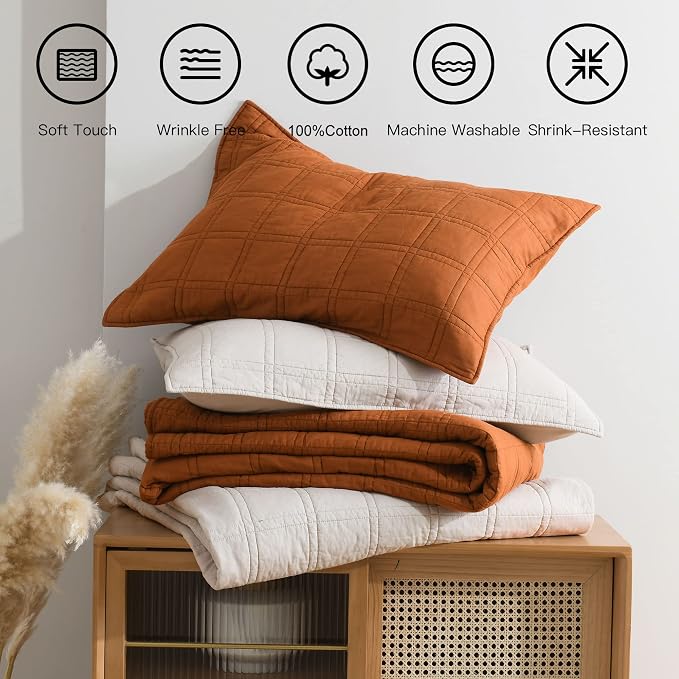 HORIMOTE HOME 100% Cotton Quilt King Size Burnt Orange Bedspread, Pre-Washed 3-Piece Cozy Lightweight Decorative Bedding Cover Coverlet Set with 2 Shams in Geometric Pattern for All Season