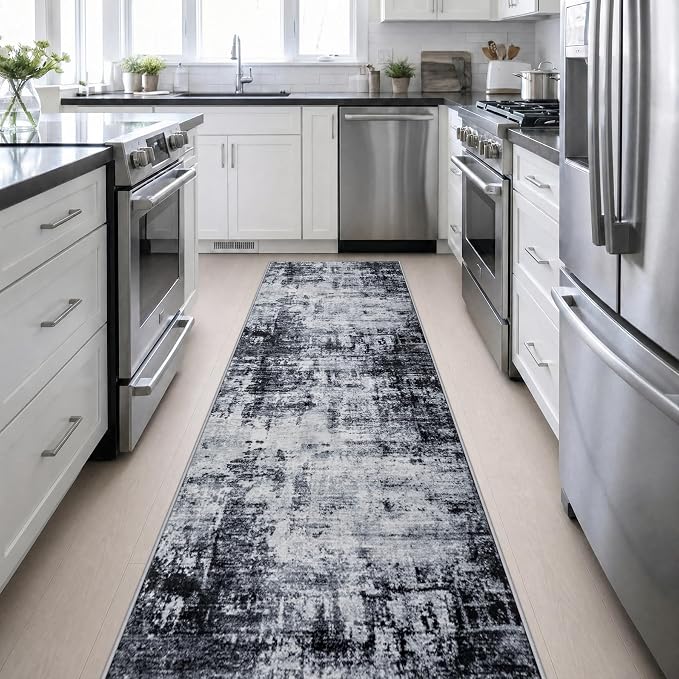 3x14 Washable Runner Rug：Modern Abstract Soft Carpet Dark Black | For Hallway, Bedroom, Kitchen, Laundry, Bathroom,Door Mat,Modern Abstract,Machine washable,Non-Slip,Stain Resistant,Indoor