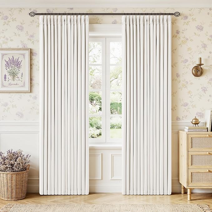 Ivory Linen Blackout Pinch Pleated Curtains 84 Inches Long 2 Panels Set | Pinch Pleat, 100% Black Out, Double Layer, Burlap, Thermal Insulated Drapes for Bedroom Living Windows, 84 Inch Length