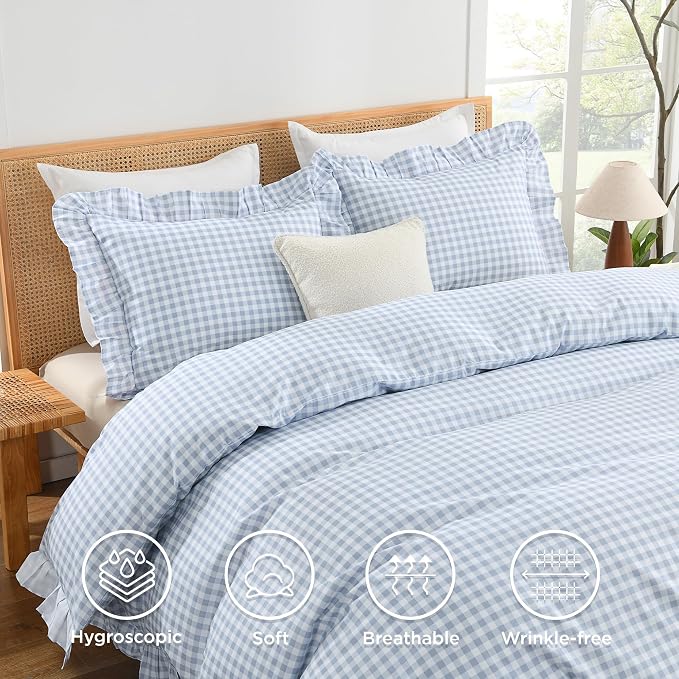 Andency Blue Gingham Duvet Cover King, Ruffle Shabby Chic Bedding Set 3 Pcs | Farmhouse Soft Pre-Washed Polyester Comforter Cover with Zipper Closure & Corner Ties, 104x90Inch
