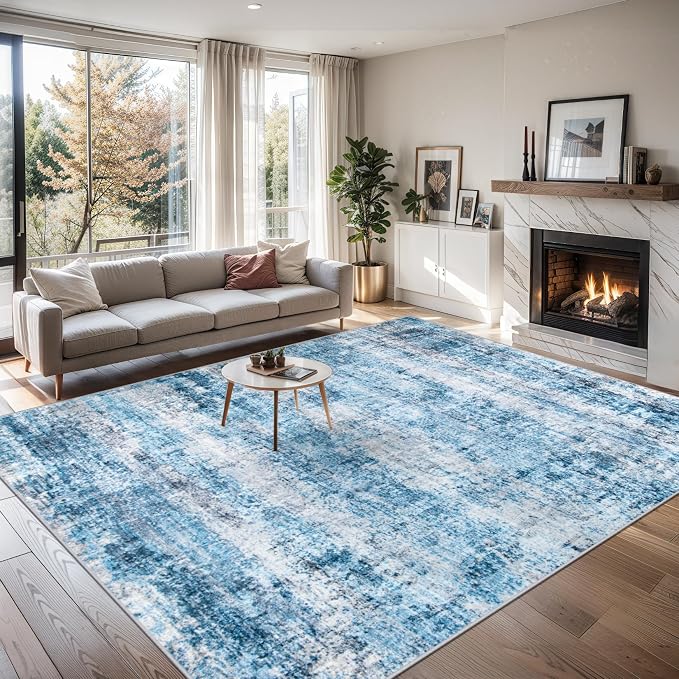 PLHXFR 10x12 Area Rug Living Room: Modern Abstract Washable Carpet Blue | For Bedroom Dining Room Farmhouse Nursery Home,Machine washable,Non Slip,Large Soft Neutral,Stain Resistant, Indoor Floor