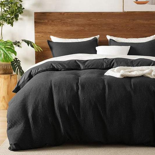 David's Home Soft Textured Waffle Weave Duvet Cover Set, Queen Size, Black | Breathable Cozy for All Season, 300GSM, 3PCS Home Bedding Decor, OEKO-TEX Certified, Hidden Zipper, 8 Corner Ties, 90" X 90"
