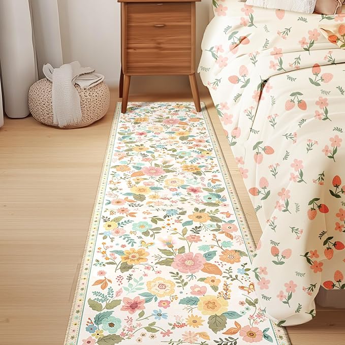 Floral Washable 2x8 Area Rugs Runner Entryway Hallway Beige/White/Orange | Flower Carpet, Print, Boho, Non-Slip, Easy to Clean, Low Pile, Soft, for Living Room Bedroom Kitchen Office Entrance