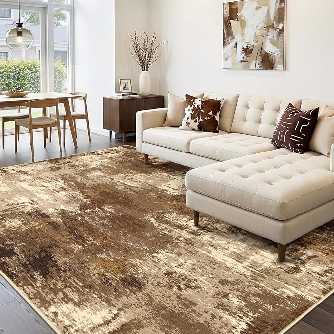 RELEANY Washable 8'x10' Abstract Area Rug for Living Room Brown Tan | Carpet for Bedroom, Kitchen, Office, Hallway and Entryway, Printed Pattern, Non‑Slip, Soft, Stain‑Resistant, Easy to Clean