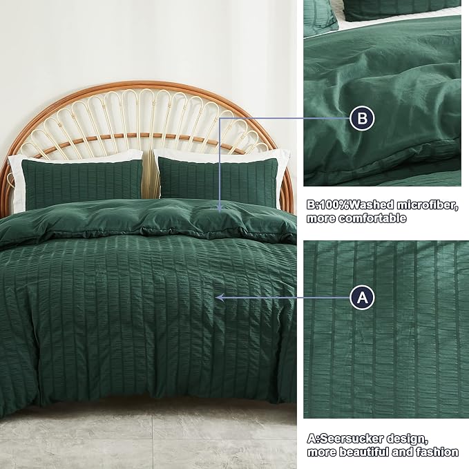 AveLom Dark Green Seersucker Duvet Cover Set King Size (104 x 90 inches), 3 Pieces (1 Duvet Cover + 2 Pillow Cases), Ultra Soft Washed Microfiber, Textured Duvet Cover with Zipper Closure, Corner Ties