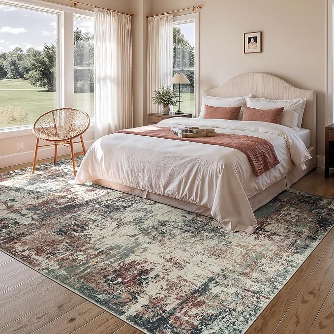 Rugflix 8x10 Area Rugs for Living Room, Washable Rust Brown Green Large Rug | Machine Washable; Stain-Resistant; Low Pile; Non-Slip; Modern Abstract; Carpet for Bedroom Dining Office Nursery Home