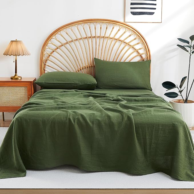 100% Pure Linen Queen Sheets Set, Natural French Linen Sheets | Breathable Cooling Soft Durable Washed 4 Piece Bedding Sets with 16" Deep Pocket, Machine Washable (Mossy Green,Queen)