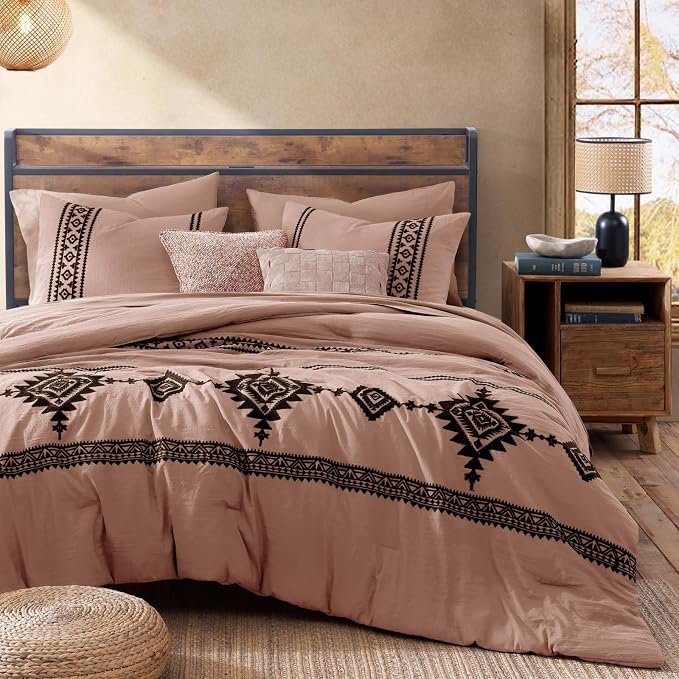 MaiRêve Embroidery Full Size Comforter Set 7 Pieces Dusty Pink Bed in a Bag | Western Boho Farmhouse Bedding Sets with Comforter, Sheets, Pillowcases & Shams