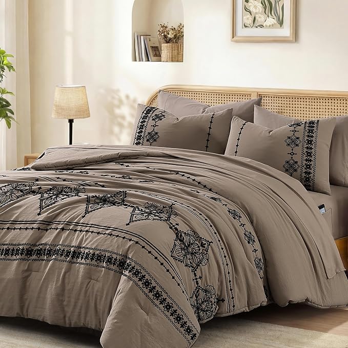 MaiRêve Queen Comforter Set Embroidery Floral 7 Pieces Bed in a Bag | Taupe Grey Boho Farmhouse Bedding Sets with Comforter, Sheets, Pillowcases & Shams