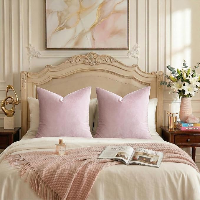 GIGIZAZA Sweet Lilac Velvet Throw Pillow Covers 24x24 Pack of 2 | Decorative Pink Pillows for Couch Sofa,280gsm Soft Textured Fabric,Modern Square Pillowcases,Luxury Cushion Covers