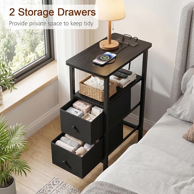 LOAKEKEL Narrow End Table with Charging Station, Small Nightstand | Skinny Side Tables Living Room with 2 Fabric Drawers, Slim Bedside Table for Bedroom, Small Spaces, Couch, Black