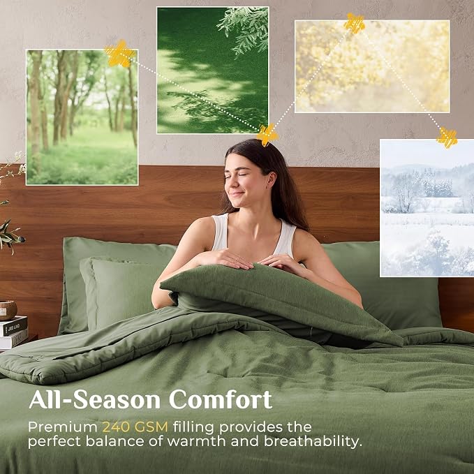 JOLLYVOGUE King Comforter Set 7 Pieces Dark Green, Cationic Dyeing Bed in a Bag King, Double-Tone Bedding Set with Down Alternative Comforter, Sheets, Pillowcases & Shams