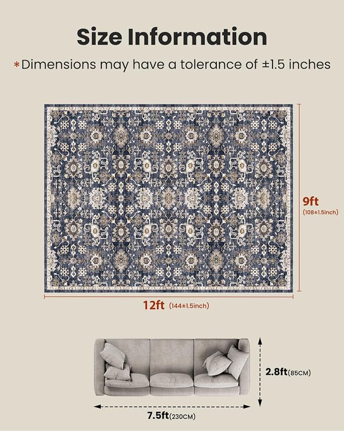 AMADA HOMEFURNISHING 9x12 Washable Area Rug, Low-Profile Large Area Rug with Non-Slip Backing & Durable Edge Binding, Vintage Large Rugs for Living Room, Bedroom & Dining Room