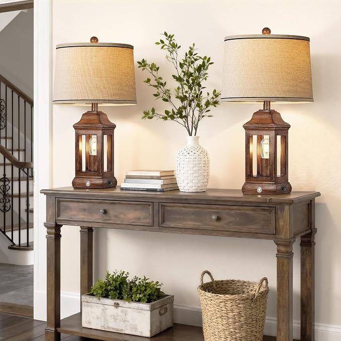 24" Rustic Farmhouse Table Lamps for Living Room Set of 2, Touch Dimmable Nightlight Vintage Bedside Lamps with USB A+C Ports & Dual Light Sources for Bedroom Nightstand End Table, Wood Grain