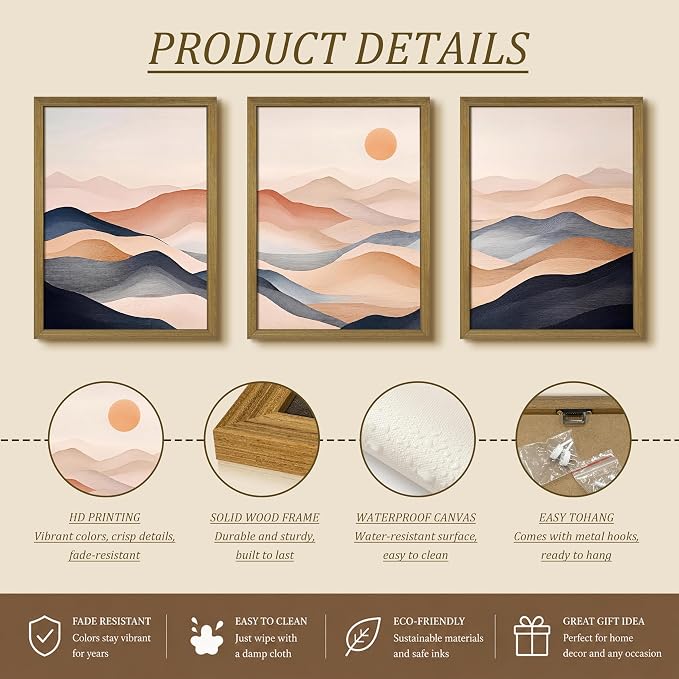 Vintage Abstract Mountain Wall Art Set of 3 Canvas, Neutral Desert Landscape Framed Poster, Retro Boho Painting for Farmhouse Home Decor, Sunrise Nature Print Picture Living Room Bedroom 16x24 Inch