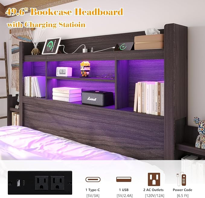 LUXOAK California King Bed Frame with Storage, Bookcase Headboard,Black | 49.6" Headboard, Wood Platform Bed, Charging Station, Bedside Storage, 4 Storage Drawers, No Box Spring Needed, Farmhouse