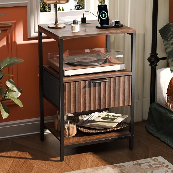 VINGLI Nightstand with Charging Station and Fabric Drawer, Walnut Nightstand Fluted with Drawer, Bedside Table/End Table with Charger Station, Side Table Bedroom, Small Night Stand Dark Walnut, 1 pc