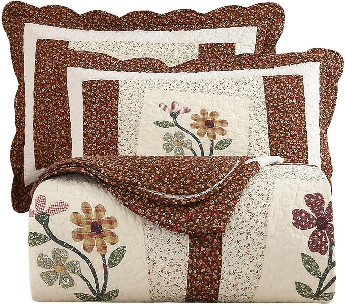 vctops 2 Piece Embroidered Floral Quilted Bedspread Quilt Set 100% Cotton Reversible Patchwork Coverlet Set 1 Quilt and 1 Pillow Sham (Coffee,Twin)