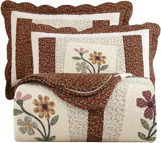 vctops 3 Piece Embroidered Floral Quilted Bedspread Quilt Set 100% Cotton Reversible Patchwork Coverlet Set 1 Quilt and 2 Pillow Shams (Coffee,Queen)