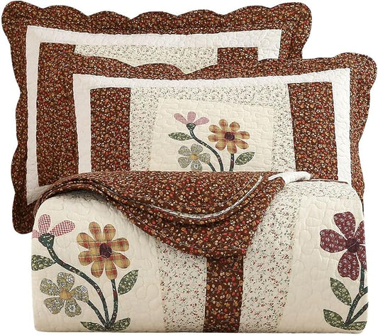 vctops 3 Piece Embroidered Floral Quilted Bedspread Quilt Set 100% Cotton Reversible Patchwork Coverlet Set 1 Quilt and 2 Pillow Shams (Coffee,Queen)