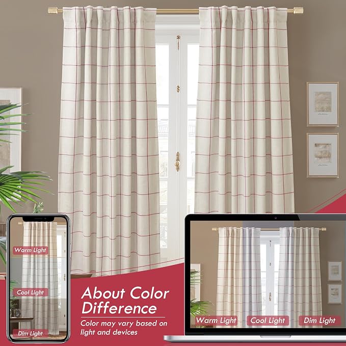DriftAway 100% Blackout Plaid Linen Curtains 72 Inches Long 2 Panels Red | 100% Blackout, Linen Texture, Plaid Pattern, Two Layers, Rod Pocket & Back Tab, Bedroom Living Room Use, Luxury Appearance