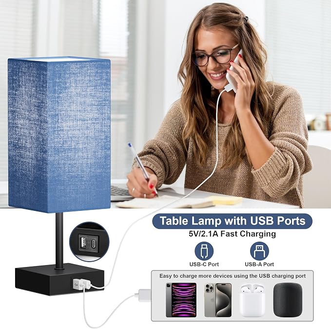 Bedside Table Lamp for Bedroom with 2USB Ports, 14-Inch, NavyBlue | USB A+C Ports, Touch 3-Way Dimmable LED Bulb Included Fabric Lampshade Metal Base Small Nightstand Lamp for Desk Living Room