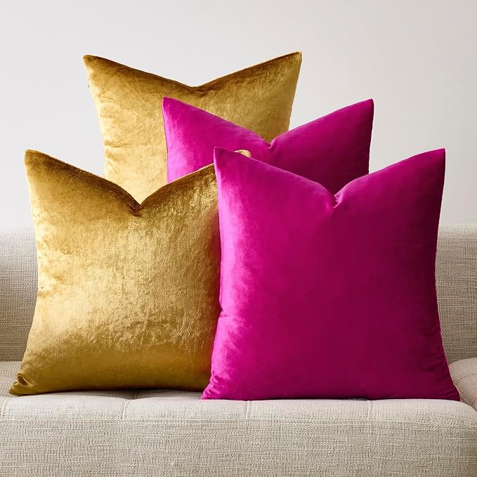 GIGIZAZA Pack of 4 Decorative Velvet Pillow Covers 18x18 Hot Pink Gold | Throw Pillows for Couch Sofa,280gsm Soft Textured Fabric,Modern Accent Pillowcases,Luxury Living Room Cushion Covers