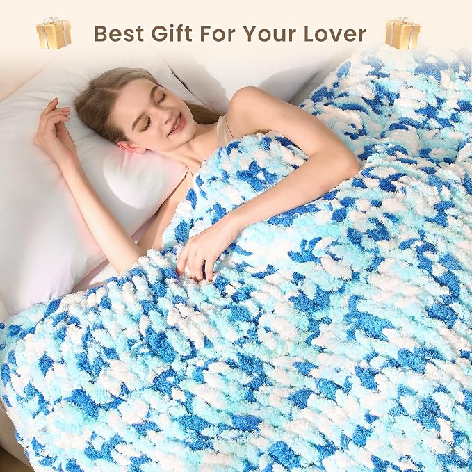 L'AGRATY Chunky Knit Throw Blanket for Couch, 50 x 60 Inches, Blue White | Handmade Chenille Crochet Blanket for Sofa Bed, Thick Cable Knitted Blankets for Room Home Decor, Birthday Gift for Women Mom