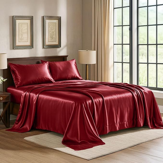 Satin Sheets Queen [4-Piece, Burgundy] Hotel Luxury Silky Bed Sheets - Extra Soft 1800 Microfiber Sheet Set, Wrinkle, Fade, Stain Resistant - Deep Pocket Fitted Sheet, Flat Sheet, Pillow Cases