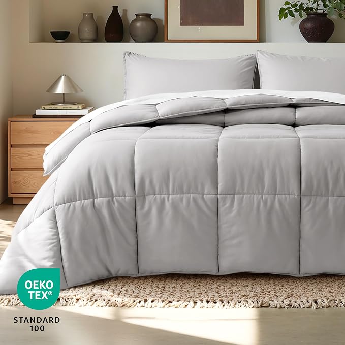 Bare Home Comforter Set - 1800 Ultra Soft (Oversized Queen, Light Grey) | All-Season, Breathable, Hypoallergenic, Premium 1800, Warm, Cozy