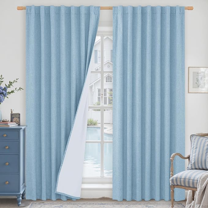 Stone Blue 100% Blackout Linen Curtains 84 Inch with White Liner | Linen Textured, Bedroom, Living Room Curtains, Room Darkening, Rod Pocket Back Tab, Neutral Drapes, 2 Panels, 60 x 84 Inch