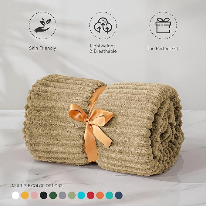 BEDELITE 3D Ribbed Light Brown Fleece Twin Blanket for Couch, 60x80 Inch | Soft Warm Fluffy Blanket for Bed Sofa College Dorm Room Decor, Luxury Cozy Plush Birthday Gifts for Women Girls, Lightweight