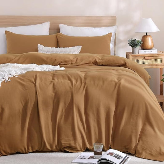 TOCOMOA 100% Muslin Cotton Duvet Cover Set, Burnt Orange, King | Linen-Like Texture. Ultra Soft, Breathable, Comfy & Lightweight Fall Bedding Set with Zipper & 8 Ties. 3 Pcs, No Insert